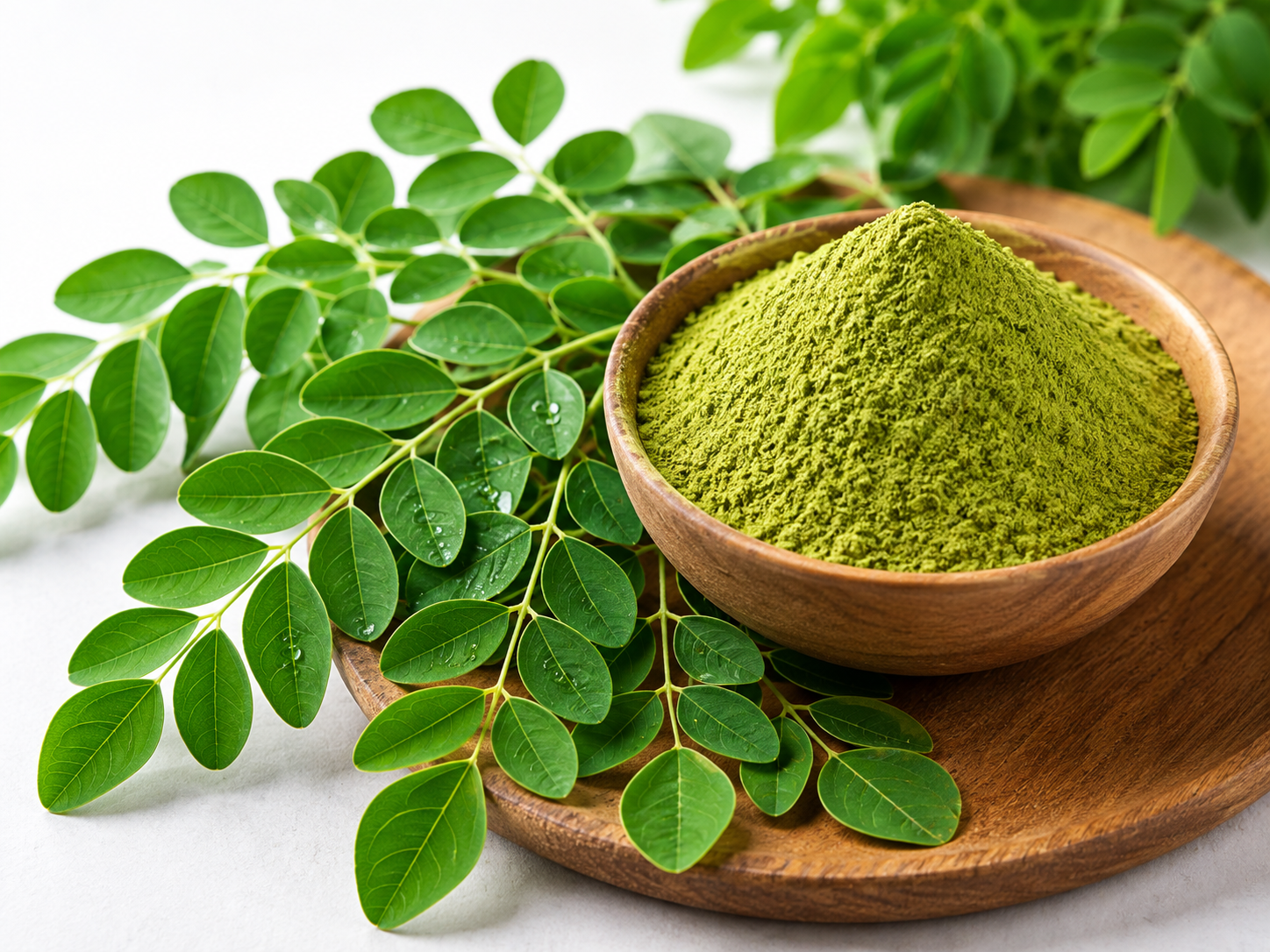 Fresh moringa leaves and natural moringa powder